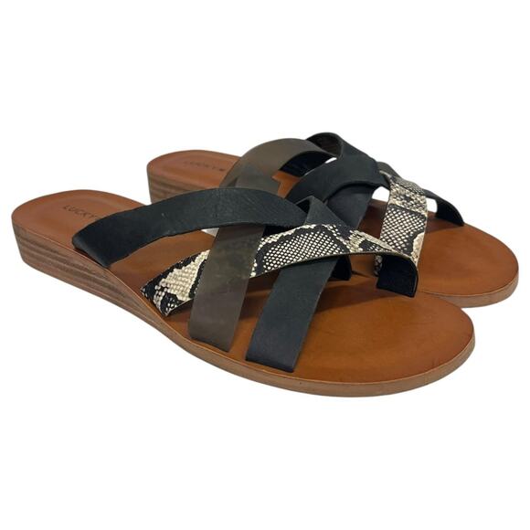Lucky Brand Sandals Womens 8.5 Black Snake Hallisa Crisscross Slide Slip On - Picture 1 of 9